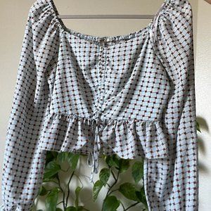 Baby Blue & Brown Frilly Puff Sleeve Crop Top